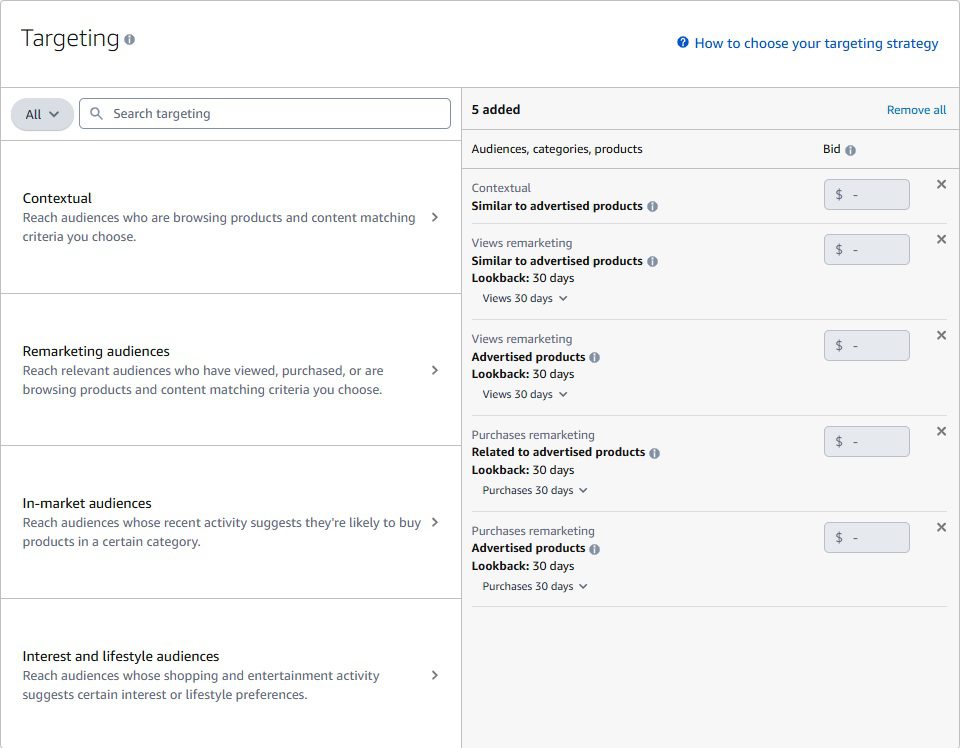 Sponsored Display audience targeting screen in Seller Central showing remarketing audience options and lookback window settings