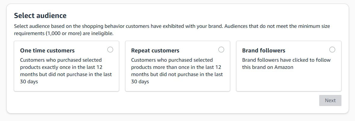 Amazon Brand Tailored Promotions Goal 2 Customer Retention audience options including One Time Customer and Repeat Customers
