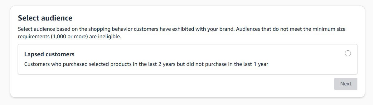 Amazon Brand Tailored Promotions Goal 3 Re-engagement showing Lapsed Customers audience