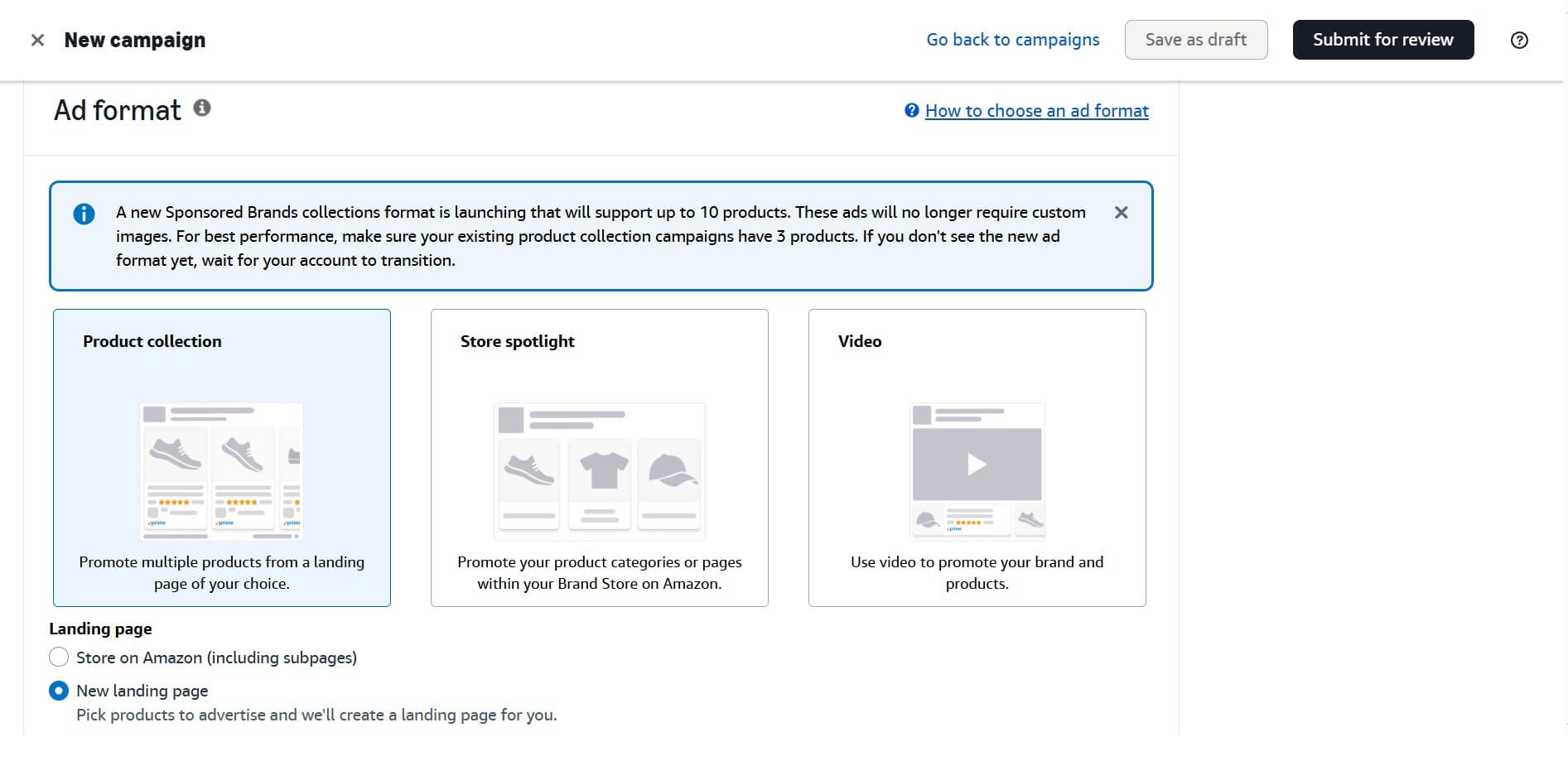 Sponsored Brands Collections console screenshot