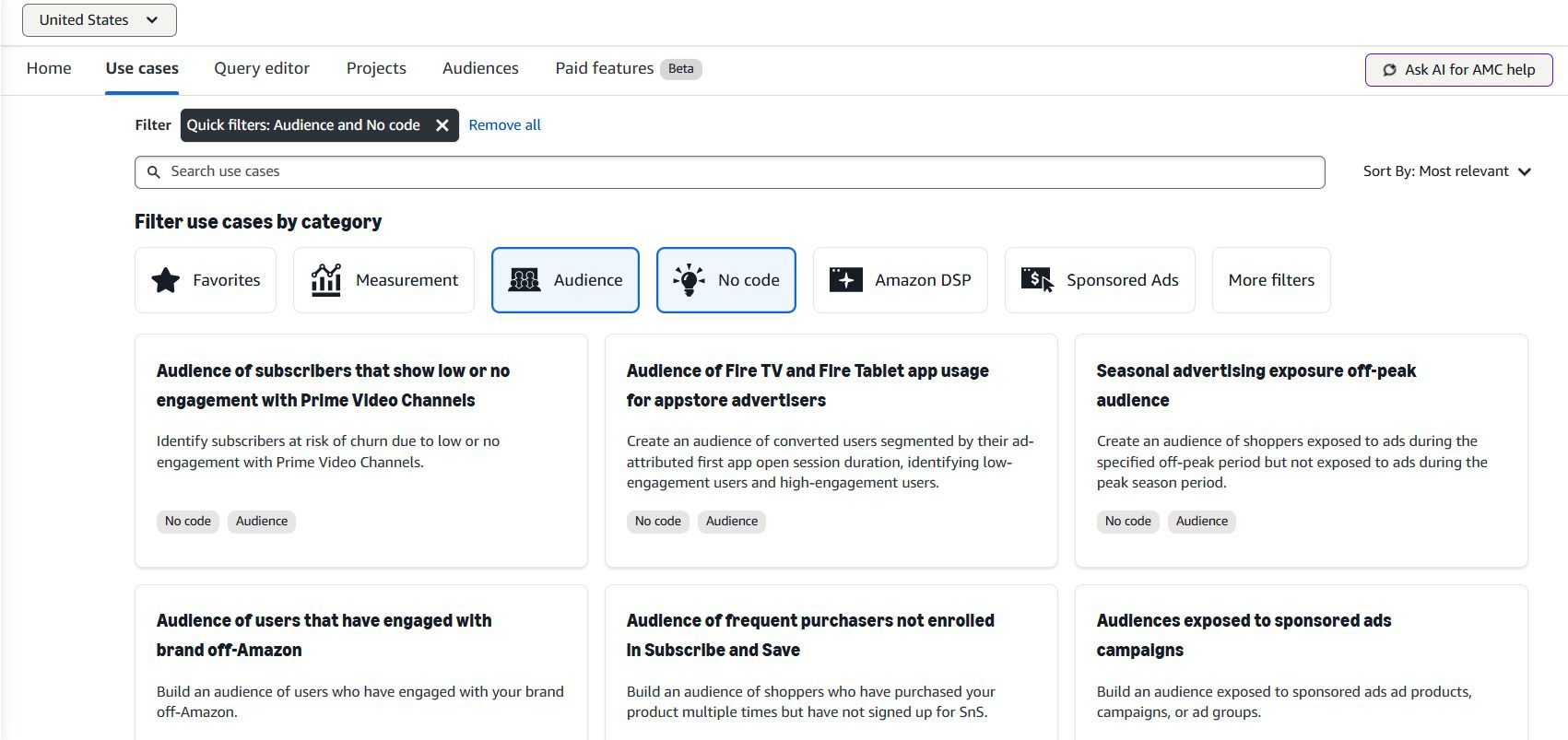Amazon AMC Audience Options in Amazon Ads console showing custom audience builder interface