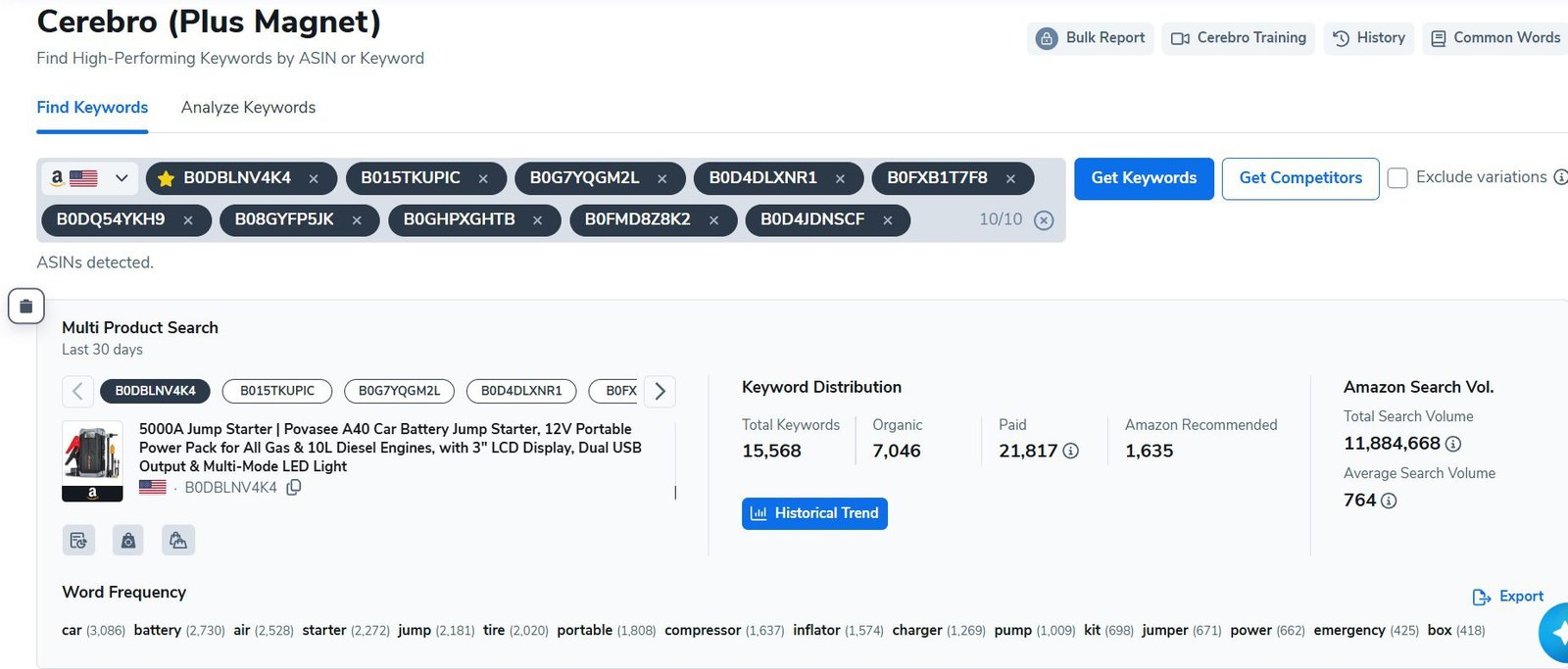 Helium 10 Cerebro with competitor ASINs entered for reverse-ASIN search