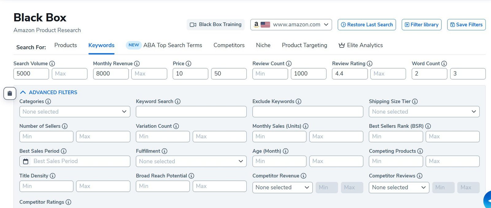 Helium 10 Black Box Keywords Tab showing relevant filters for Amazon Product Research