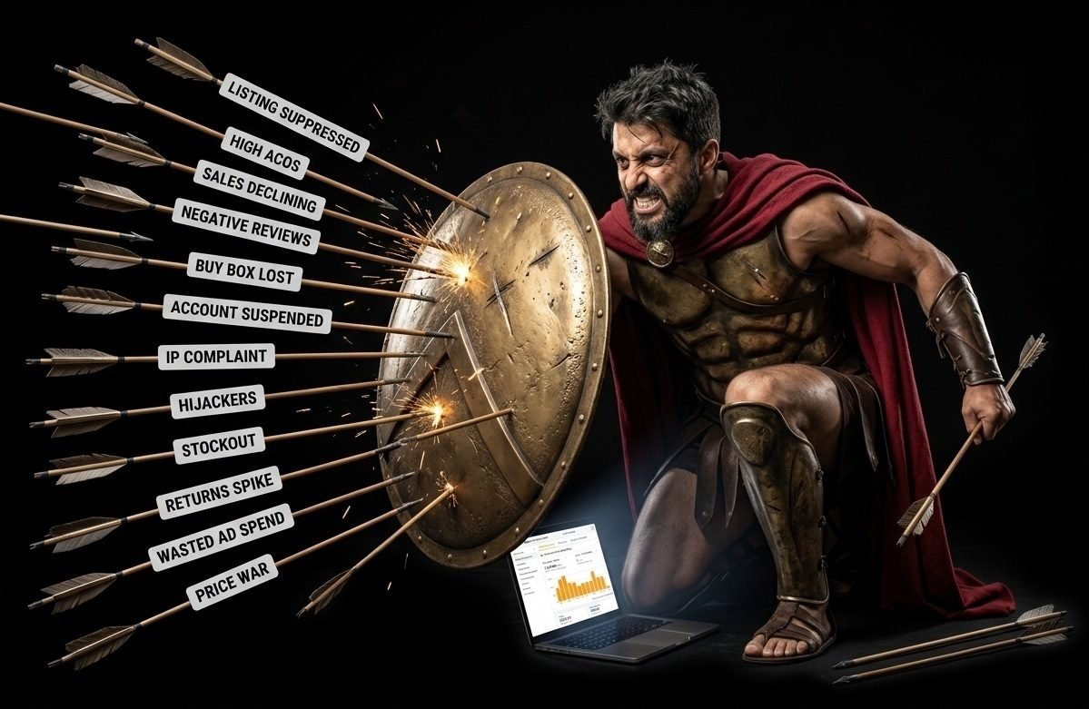 Amazon seller in Spartan armor blocking a volley of arrows labelled with seller problems