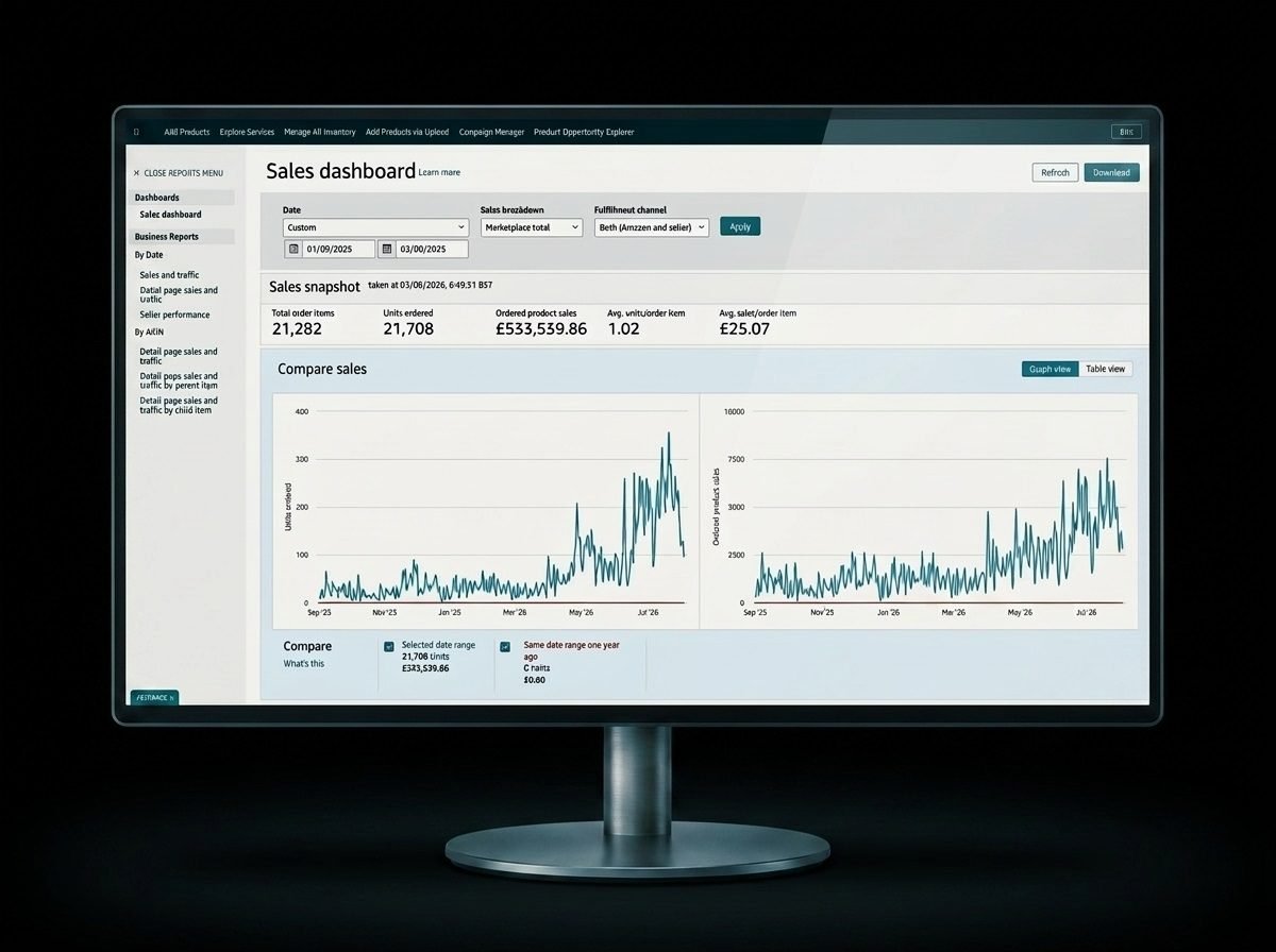 Amazon sales dashboard showing revenue and advertising performance