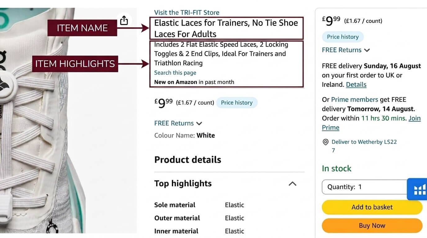 Amazon product title labeled to show the Item Name field and the Item Highlights field beneath it