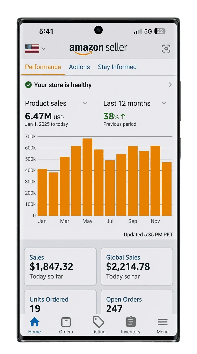 Samsung Galaxy S23 Ultra phone showing the Amazon Seller Central sales dashboard