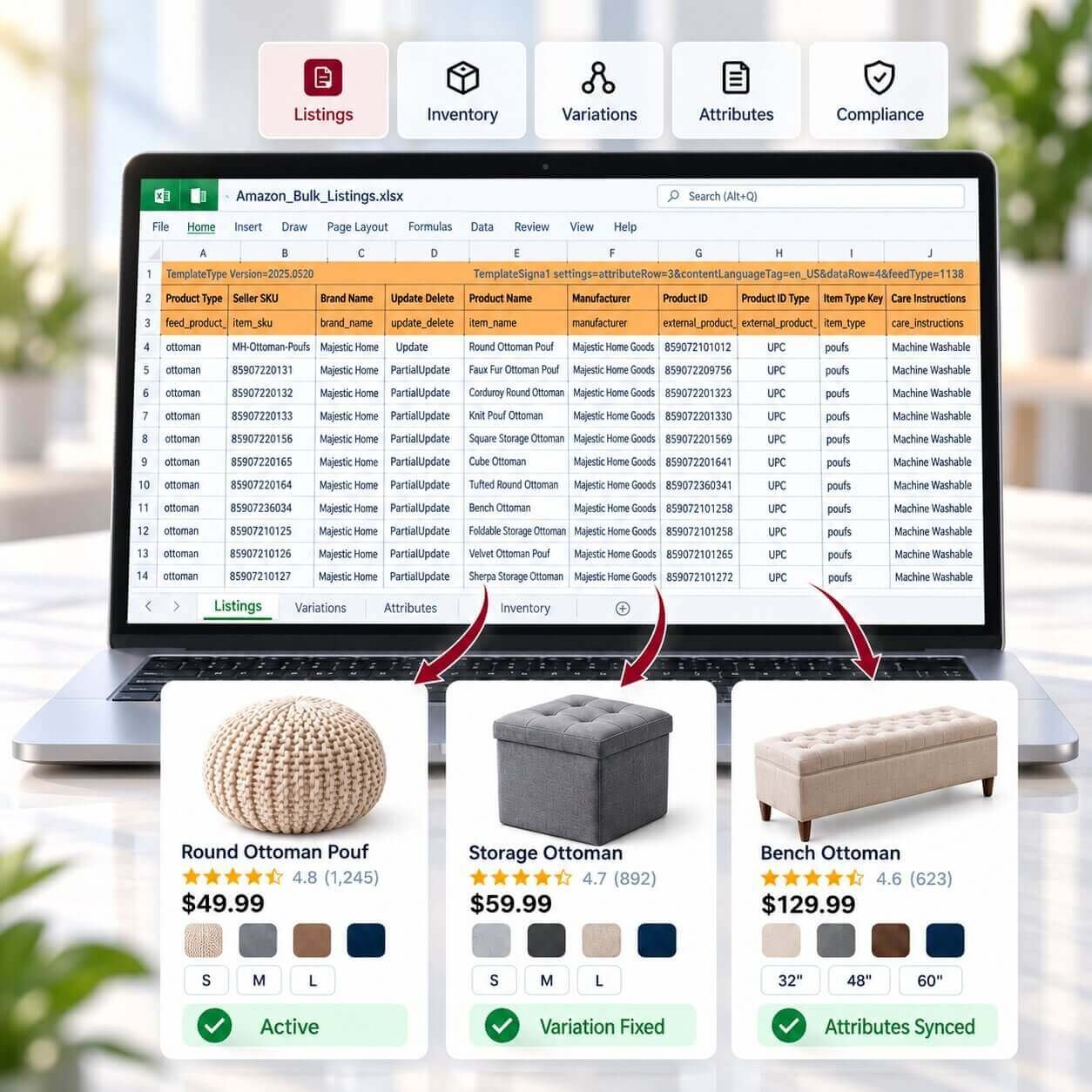Seller Central catalog view showing listing status and attribute data