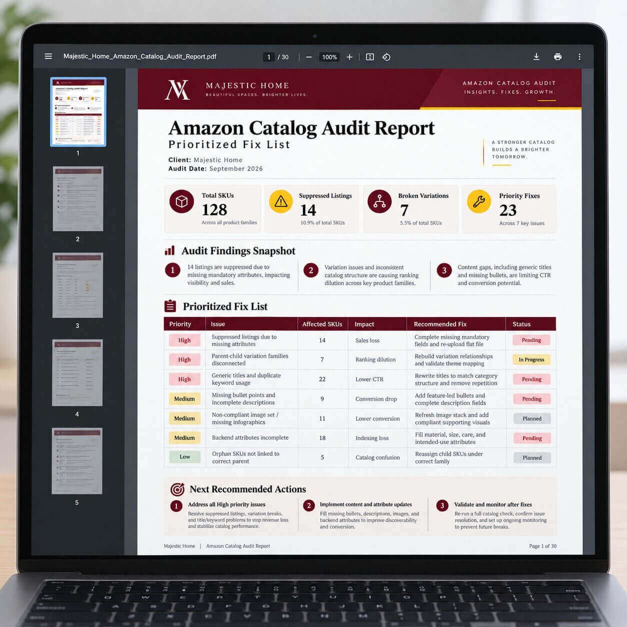 Catalog audit report showing prioritized ASIN level issues