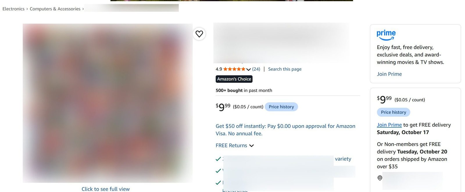 Amazon product listing showing a 4.9-star rating, 24 reviews, and recent purchase activity