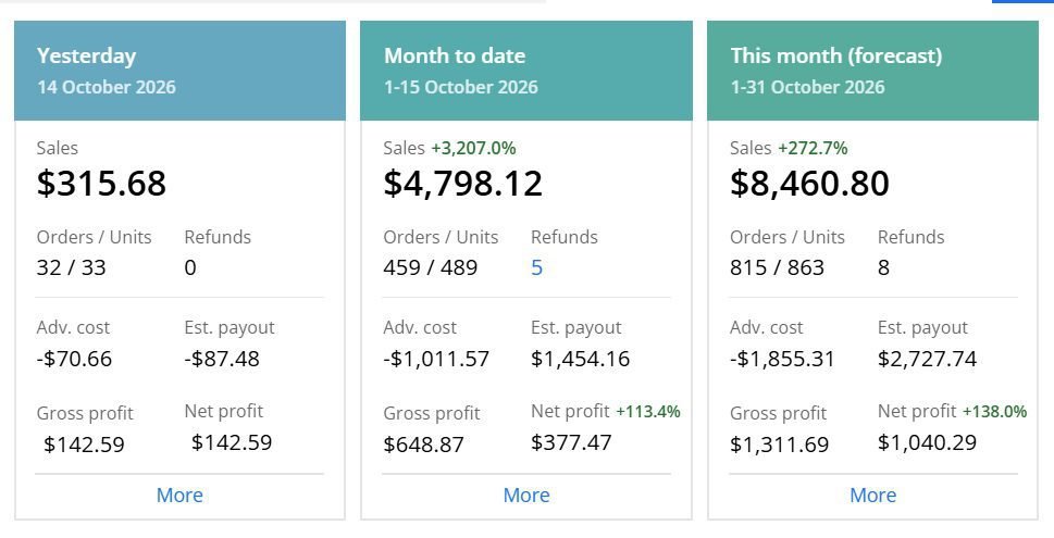 October 2026 seller dashboard displaying product launch sales and profit