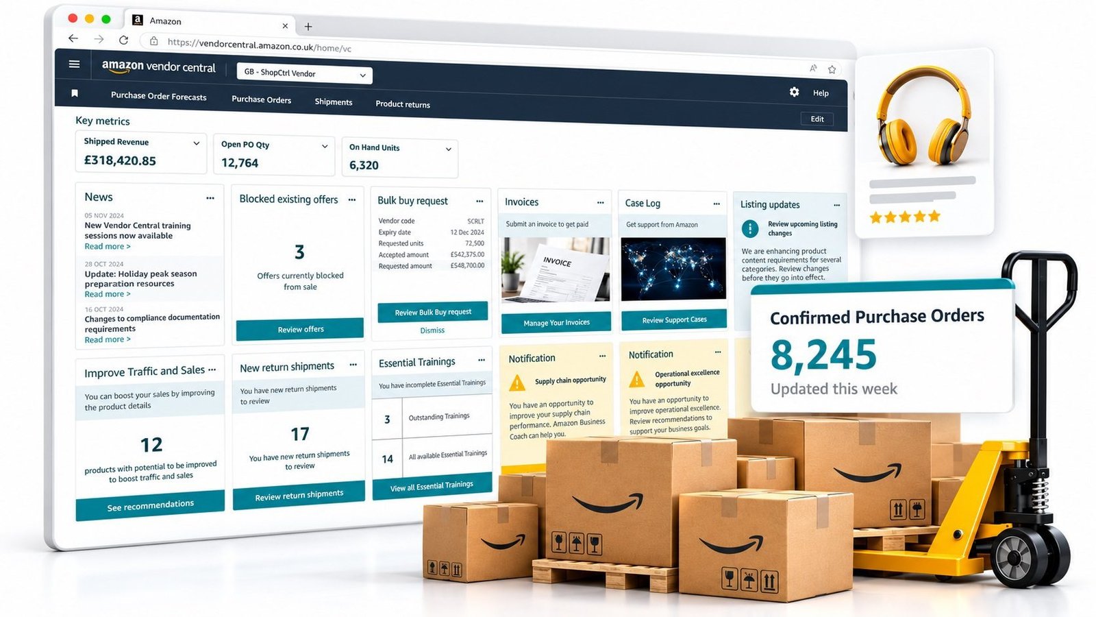 Amazon Vendor Central management dashboard displaying wholesale metrics, purchase orders and inventory operations alongside shipment boxes